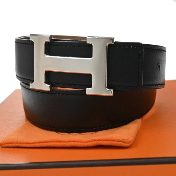 HERMES H Logo Constance Reversible Buckle Belt #75 Leather Black Silver 84RL373 - Picture 1 of 12